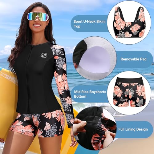Holipick Long Sleeve Swimsuits for Women - 3 Piece Rash Guard with Shorts Zipper SPF Swim Shirt with Built in Bra3
