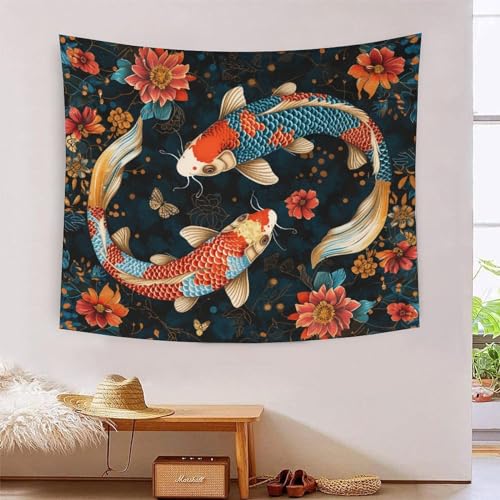 Tapisserie murale tissu carpe koï 3D grand format 180x230cm décoration salon et chambre
