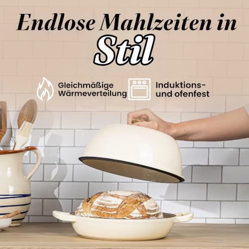 Schmortopf aus emailliertem Gusseisen – Dutch Oven zum Sauerteigbrot Backen – Gusseisen-Brottopf – Creme, 6 Quarts, 22 cm – von Nuovva – Ansicht 9