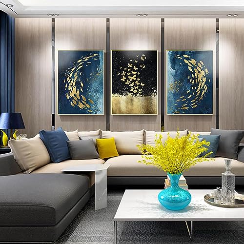Image murale d'allée moderne triptyque abstrait oiseau bleu pour habiller un mur vide