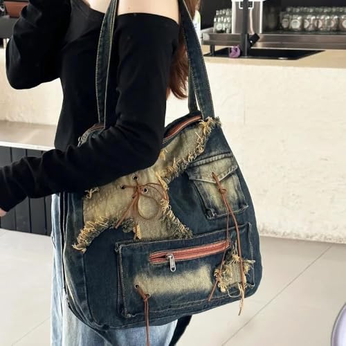 Bolso tote de gran capacidad estilo Y2K azul miniatura 3