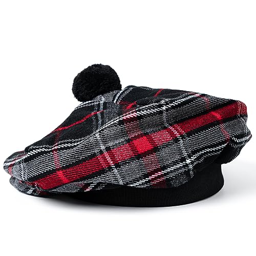 Image of Scottish Tam O' Shanter Hat Tartan Bonnet Pom Pom Wool Flat Cap One Size