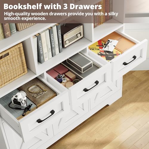 IRONCK Bookshelf with Drawers & Doors, Tall Bookshelf with Storage, Bookcase with Cabinets for Home Office, Living Room, White - Image 5