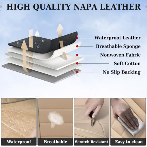 Image of Coverado Car Seat Covers Front Seats, Car Seat Cover Beige, Car Seat Protector, Car Seat Cushion Nappa Leather, 2-Pack Waterproof Seat Covers Carseat Cover Universal Fit for Most Cars Trucks