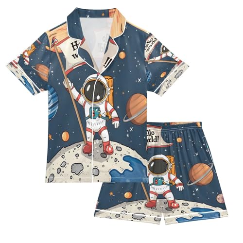 ALAZA Astronaut Solar System Universe Space Planet Satin Pajamas Set Short Sleeve Button Down Sleepwear Summer Pjs 2 Piece