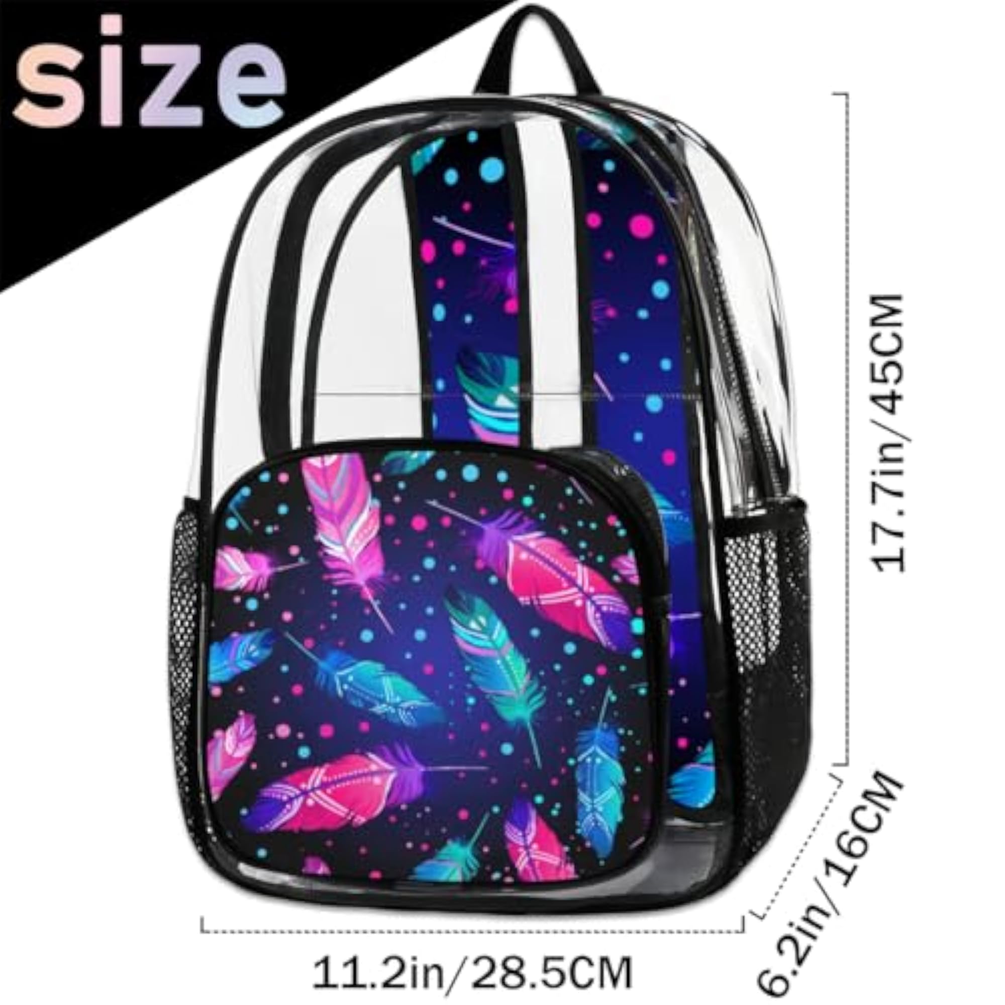 Colorful Feather Clear Backpack with Laptop Compartment