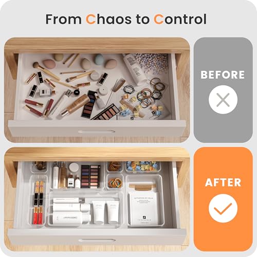 Image of A-LuGei 【Military Grade】 Drawer Organizer, 【𝟱𝗦𝗶𝘇𝗲】 Makeup organizer, 【Holds 177 Items】 Bathroom Organizers and Storage, Organization and Storage, Desk Drawer Organizer for Vanity (Clear)
