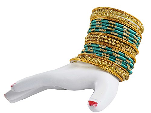 Image of NMII Radium Color Silk Thread & Glass Bangles Set For Girls & Women (Radium,2.6)