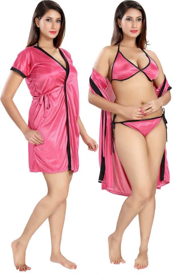 Women's Satin Knee Length & Maxi Night Robe & Night Slip(Free Size) (Free Size, Pink)-picture-34