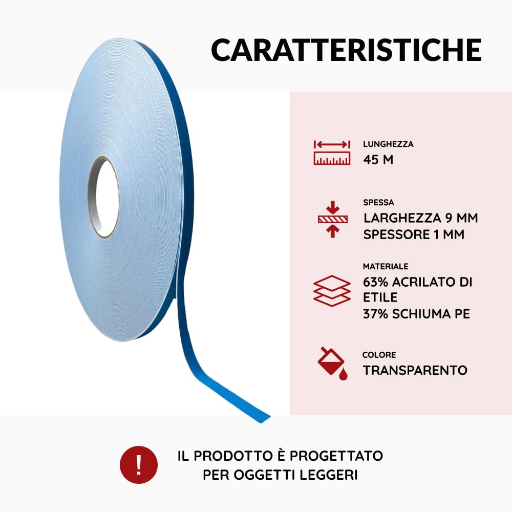 I K H E MALARKA 45 metri nastro biadesivo extra forte universale per oggetti leggeri – Articolo/larghezza 9 mm, spessore 1 mm (15 pezzi – 675 metri)