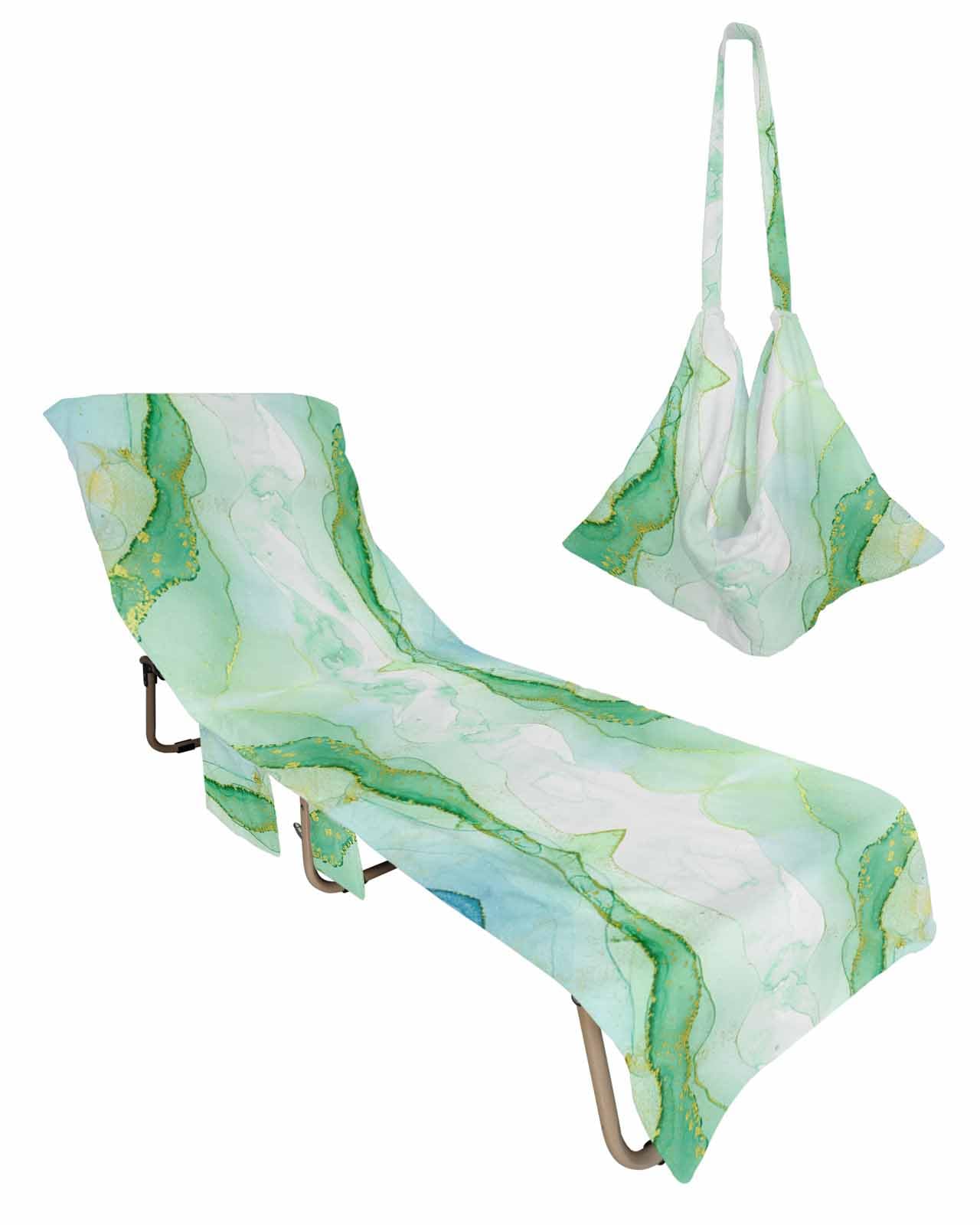 Teal Blue Marble Beach Lounge Chair Towel Cover, Soft Chaise Lounge Towel with Side Pockets Patio Pool Chairs Cover for Beach/Pool Sunbathing 29x85 Modern Luxury Ink Painting Abstract