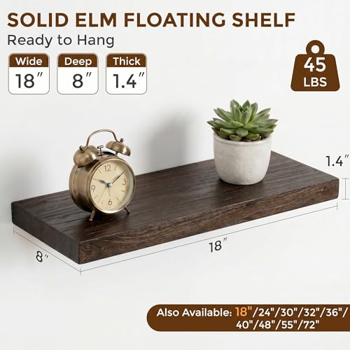 Image of Dreamland 18 Inch Long Floating Shelves Set of 2, Rustic Solid Elm Wood Floating Shelf Wall Mounted, 8 Inch Deep Wall Shelves with Invisible Bracket for Living Room Bathroom Bedroom Kitchen, Walnut