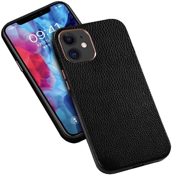 Housse de téléphone Apple iPhone 12 Pro étui en cuir noir premium à motif litchi
