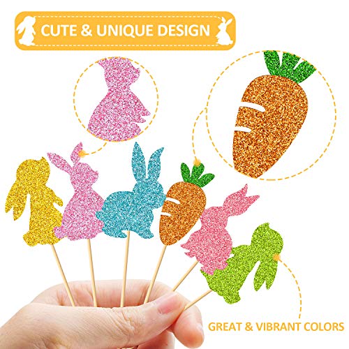 Bunny Rabbit Cupcake Topper Carrot Cake Decoration For Happy Easter Festival Spring Theme Kids Girls Boys Birthday 1St 2Nd Bday Wedding Party Supplies Glitter Decor 24 Pack #TOP2