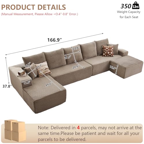 Image of Oversized Modular Sectional Sofa Couch, Large 6 Seater Corner Sofa Modern U Shaped Sectional Couch Cloud Couches for Living Room, Office, Spacious Space, Corduroy, No Assembly Required, Camel