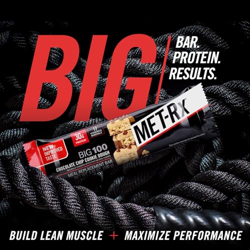 Image of MET-Rx Big 100 Protein Bars, Chocolate Chip Cookie Dough, 30g Protein, 9 Ct | Great as Healthy Meal Replacement, Snack, and Help Support Energy, With Vitamin A, Vitamin C, and Zinc