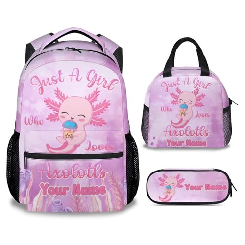 COZYAURA Personalized Kids Backpack with Lunch Box - Cute Axolotl Preppy Backpack for School - Lightweight Pink Backpacks for Girls