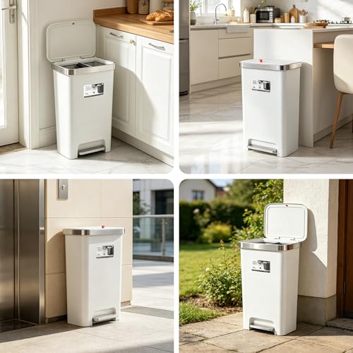 Image of Trash Can with lid,12 Gallon Slim Tall Garbage Can,White | Kitchen Trash Bin Step-on with Lid, Plastic Garbage Can with Stainless Steel Rim for Bathroom,Living room,Bedroom,Yard