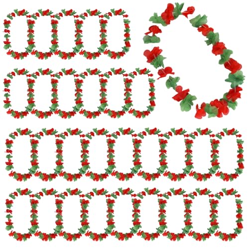 Qumenan 30 Pack Christmas in July Leis Red and Green Leis Garlands Hawaiian Luau Flower Necklace for Christmas Cosplay Beach Wedding Carnival Themed Party Decorations Event Luau Part