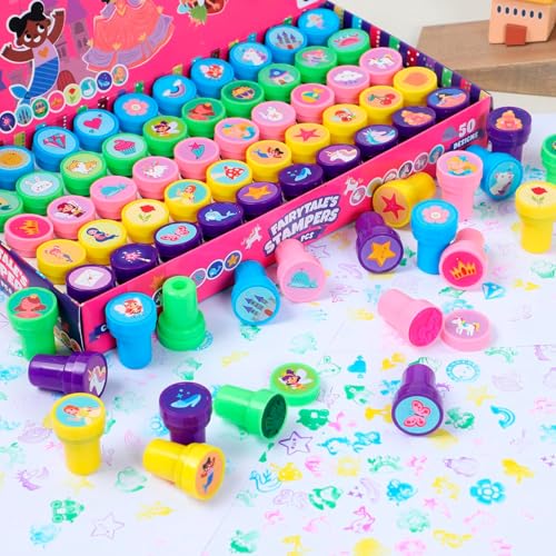 Image of JOYIN 50 Pcs FairyTale's Themed Stamps for Kids - Self-Ink Stamps with 50 Designs for Birthday Party Favor, Carnival Prizes, Goodie Bag, School Treasure Box Toys (Mermaid, Princess, Unicorn Stampers)