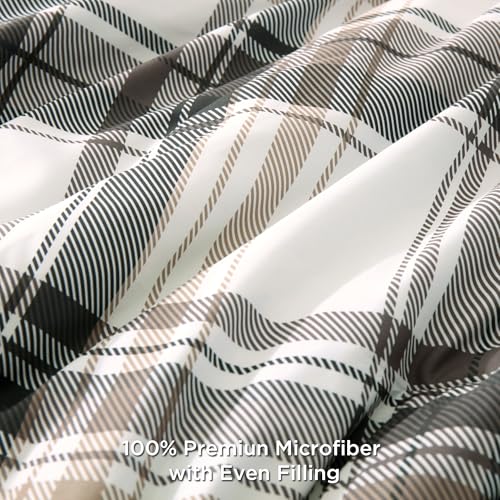 Image of Andency Gray Brown Black Plaid Comforter Set Queen(90x90Inch), 3 Pieces Grid Gingham Stripes Bedding Comforter Sets for Boys Girls Kids Teens, Preppy Geometric Line Soft Lightweight Reversible Bed Set