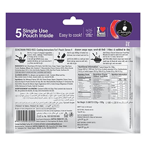 Image of Ching's Secret Desi Chinese Schezwan Fried Rice Masala, 100g, Authentic Schezwan Flavour, Easy to Cook, Meal Kit, Cooks in 4 /5Mins, 1 Pouch Serves 4, Pack of 5 Single Use Pouches