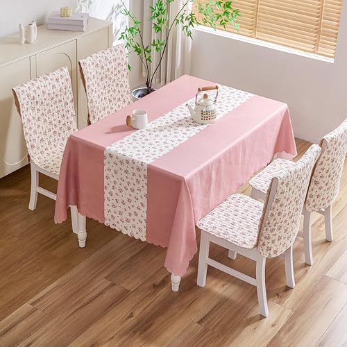 Image of HOMETHREADS Premium Cotton Chair Cover Set | Soft & Comfortable Seat Covers with Anti-Skid Non-Slip Backing + Waterproof Dining Table Cover (140x180 cm) (Beige Multi, 4 Chair Covers + 1 Table Cover)