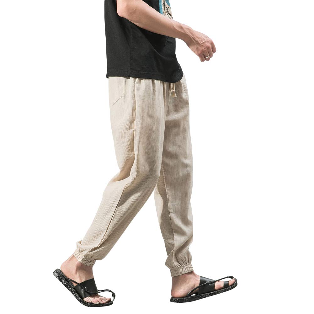 Vanvene - Pantaloni casual da uomo in lino e cotone, leggeri e larghi, da spiaggia, yoga, gamba ampia