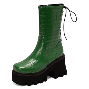 Womens Chunky Platform High Heel Mid Calf Boots Lace Up Zipper Square Toe Winter Dressy Ankle Boots