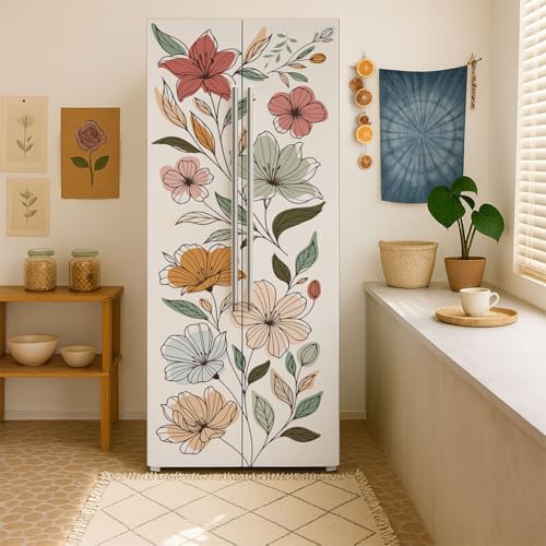 GOMAKERER 2 Pcs Boho Line Flowers Pattern Removable Refrigerator Wraps, Self-Adhesive Fridge Door Mural Vinyl Freezers Panel Cover Sticker for Kitchen Bar Decor, 16.34x78.74 Inch by GOMAKERER - Used condition - Image 7