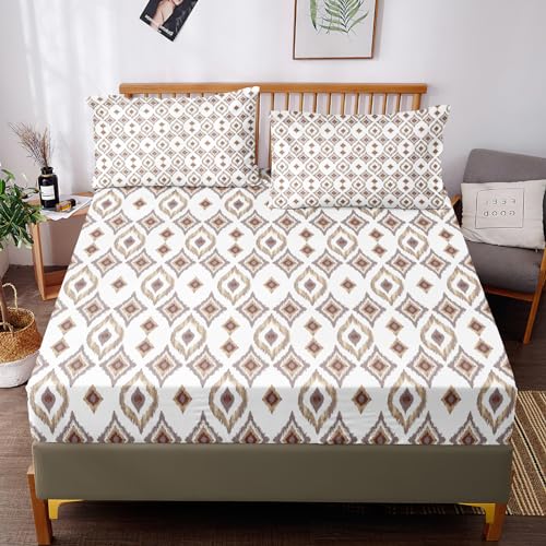 Herside Boho Full Size Fitted Sheet Set,Full Size Bedding,Geometric Design Soft & Breathable Microfiber Bohemian Sheet Set,3 Piece cover