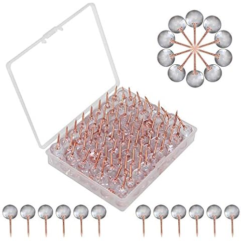 OKVGO 100 Pieces Push Pin with Round Transparent Plastic Heads and Rose Gold Steel Point Thumb Tacks for Map Drawing Cork Notice Board Cover