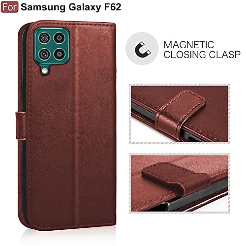 Image of CEDO Flip Cover for Samsung Galaxy F62 (4G) | Leather Finish | Inside Pockets & Inbuilt Stand | Shockproof Wallet Style Magnetic Closure Back Case Flipcover (Brown)
