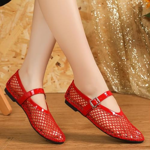 Mesh Ballet Flats for Women Buckle Strap Round Toe Mesh Fishnet Flats Comfy Casual Office Ballerina Daily Dress Shoes3