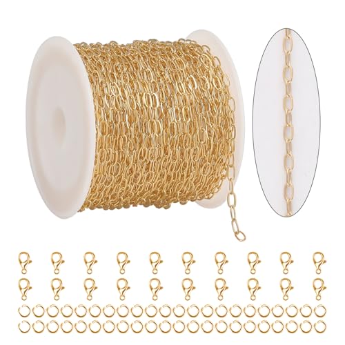 KYUNHOO 32.8FT/10M KC Gold Plated Iron Jewelry Making Chains Small Paperclip Chain Spool on Roll for Craft Making with Lobster Clasps and Jump Rings