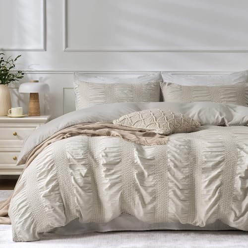 Image of JELLYMONI Seersucker Duvet Cover Set King, 3pcs Oatmeal-Wide Polyester | In Spacious Master, Couples & Pets, Crinkled Texture, Oeko-Tex Certified, 8 Corner Ties & Hidden Zipper