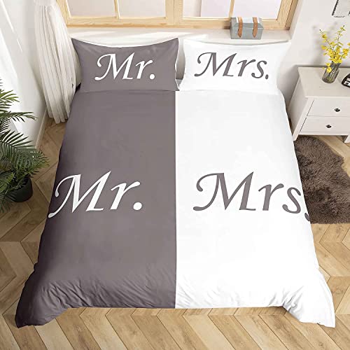 Homemissing Mr Mrs Duvet Cover Love Man Women Romance Bedding Set for Lover Couple Valentine Day Bedding & Linen Ultra Soft Grey White Creative King Size Zipper