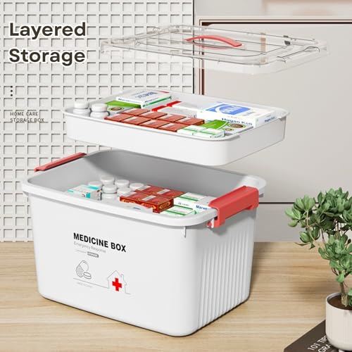 Image of HoopVool Plastic Medicine Storage Box Organizer, Family Emergency Kit Portable Lockable Container for, Art Craft and Household Organizer (Transparent, Large)