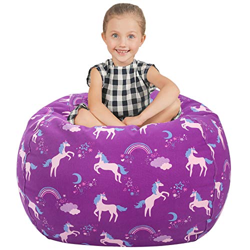 Aubliss Stuffed Animal Storage Bean Bag Chair Cover Only For Plush Toys, Blankets, Large 38"-Canvas Unicorn Purple #TOP4