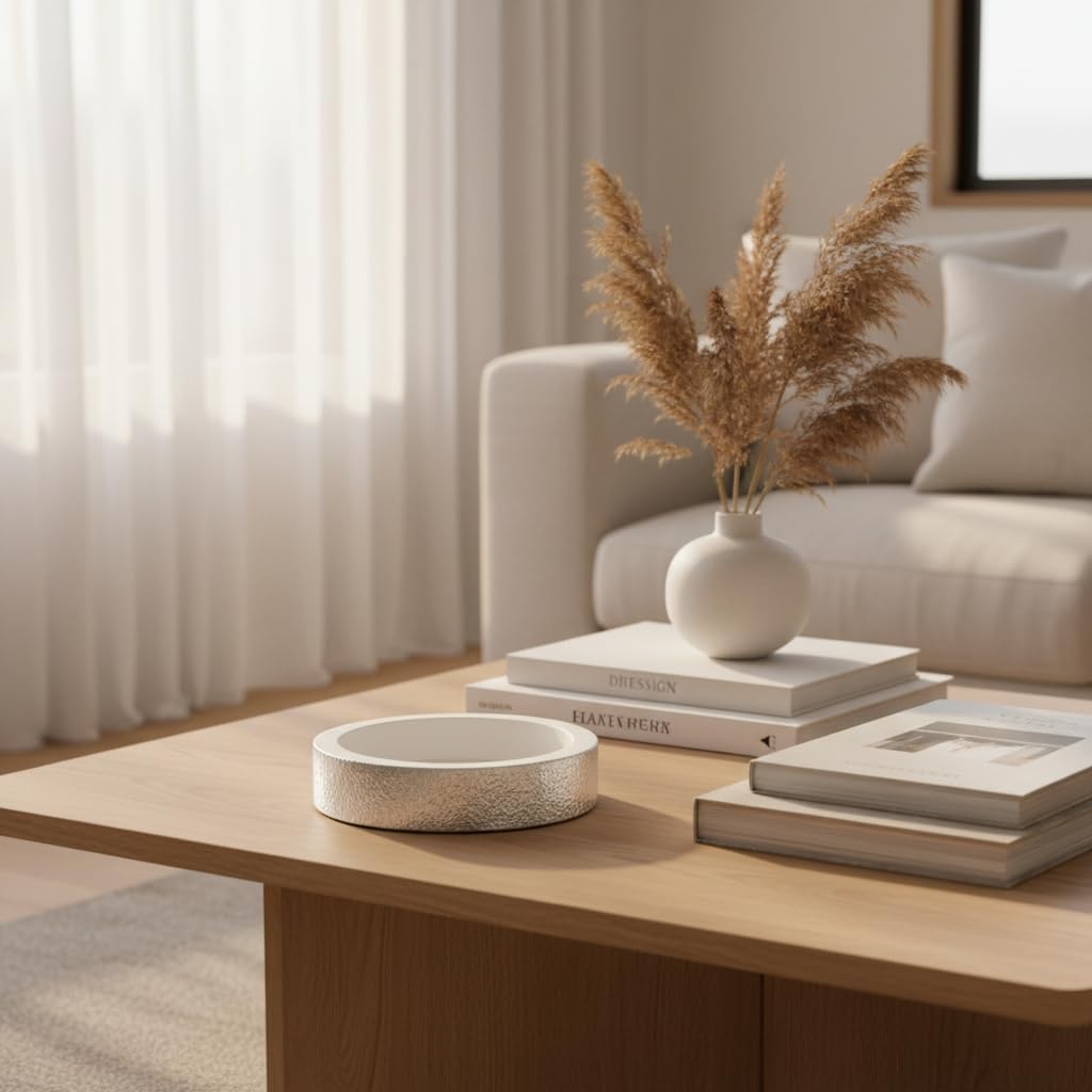 Svuotatasche Ingresso Design Moderno Tondo Materico Bianco e Argento, Elegante Portaoggetti Decorativo da Tavolo per Ingresso e Salotto