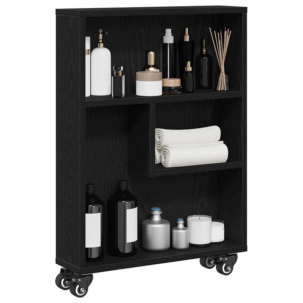 Schmaler Aufbewahrungswagen Schwarz Eichen-Optik 48x13x69cm | Kompakter Nischenwagen aus Holzwerkstoff mit 3 Etagen für Küche, Bad oder Büro. Maximiert schmale Räume stilvoll.