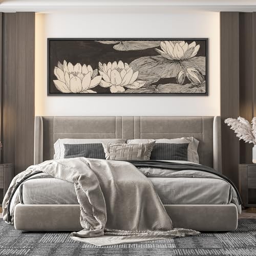 Image of MUDECOR Large Framed Canvas Print Wall Art Vintage Lotus Flower Line Art Botanical Black and Beige Antique Retro Ready to Hang Painting for Living Room Bedroom Multi-Sizes - 60 inchx20 inch