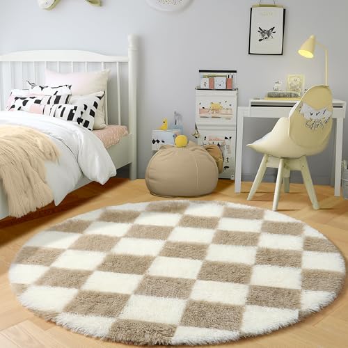 Image of KICMOR Round Rugs 6ft Beige and Cream White Circle Area Rug, Fluffy Soft Fuzzy Shag Shaggy Bedroom Living Room Carpet, Indoor Checkered Circular Rug for Kids Boys Girls Home Decor Aesthetic, Nursery