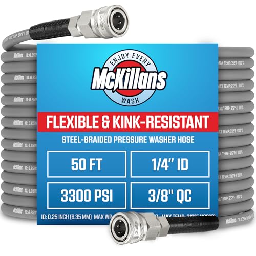 Image of McKillans QC Installed Pressure Washer Hose 50 ft - Flexible & Kink-resistant - Steel-Braided & Durable- 3 /8 inch QC Pre-Installed Stainless Steel - Power Washer Hose - High Pressure 1 /4 inch Inner Diameter