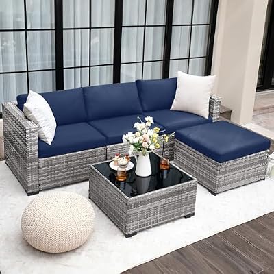 UDPATIO Modular Patio Furniture Set 5 Pieces Outdoor Sectional Couch with Glass Coffee Table, L Shaped Wicker Outdoor Sofa Patio Conversation Set for Backyard Porch Balcony Blue