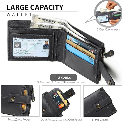 Image of Crafted RFID Safe Leather Wallet for Men /Women, Bifold Trendy, Full Grain with Card Holder and Zipper Coin Pocket