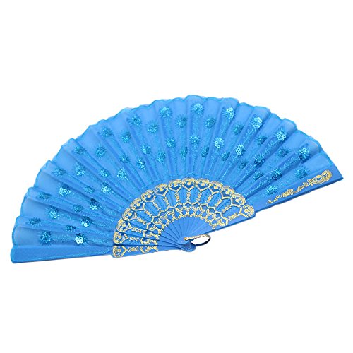 Jsswb Sequins Peacock Pattern Folded Fans Handheld Props Fans (Light Blue) #TOP2