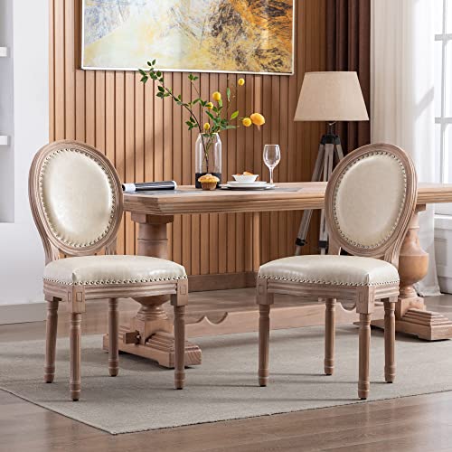 Anytec French Dining Chairs Set Of 2, Upholstered Farmhouse Dining Room Chairs With Rubberwood Legs, Oval Side Chairs Stylish Kitchen Chairs For Kitchen/Bedroom/Dining Room (Leather-2, Beige) #TOP2