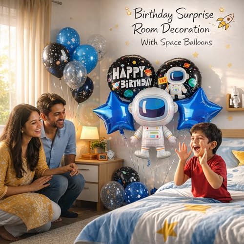 Image of Propsicle Astronaut Space Theme Foil Balloon Set with Blue Star and Round Happy Birthday Balloons for Kids Birthday Decoration Pack of 5, Air & Helium Support