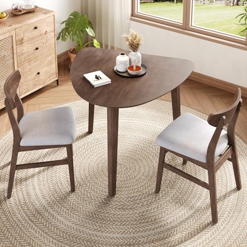 Image of Merax 3-Piece Modern Dining Set, Triangular Side Table & 2 Curved Wood Chairs, Minimalist Space-Saver for Small Living Room, Kitchen, Easy Assembly, Brown